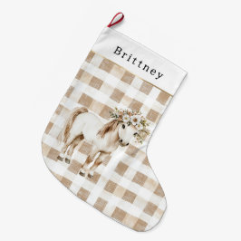 Meia De Natal Grande Listras Florais de Xadrez Branco Creme Cavalo Nata
