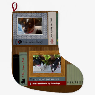 Meia De Natal Grande Livros De Sobreloques De Cães Em Uma Prateleira