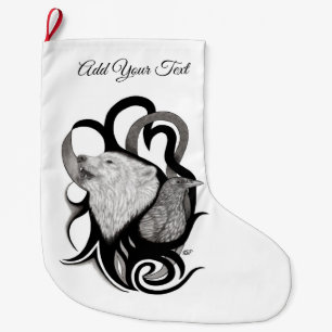 Meia De Natal Grande Lobo Branco com Arte Tribal Raven