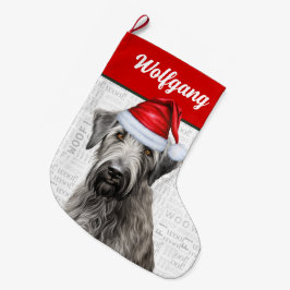 Meia De Natal Grande Lobo Irlandês de Natal com Nome Woof Fundo