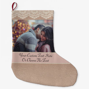 Meia De Natal Grande Local de Vintagem de Menino Dourado com Pic/Texto 