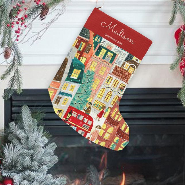 Meia De Natal Grande Londres cidade do Natal (London christmas city large christmas stocking)