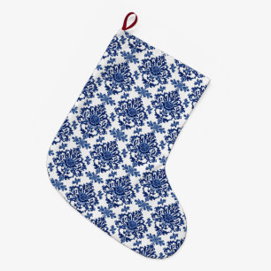 Meia De Natal Grande Luxo em Azul Real e Branco com Padrão Floral Barro