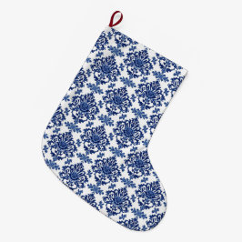 Meia De Natal Grande Luxury Royal Blue and White Baroque Floral Pattern