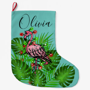 Meia De Natal Grande Luzes cor-de-rosa-Natal Flamingo brilhando