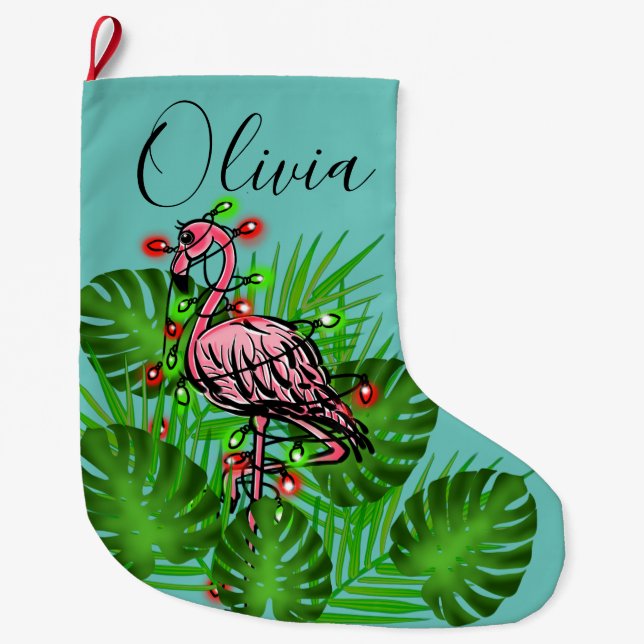 Meia De Natal Grande Luzes cor-de-rosa-Natal Flamingo brilhando (Frente)