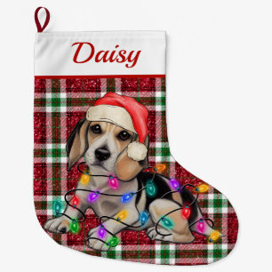 Meia De Natal Grande Luzes de Natal Beagle Sparkly Xadrez Tartan