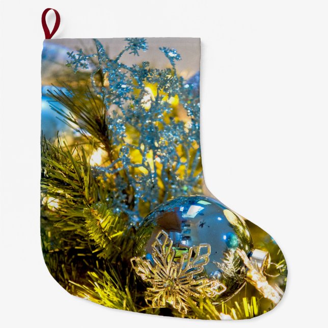 Meia De Natal Grande Magia de Natal Azul e Dourada (Frente)