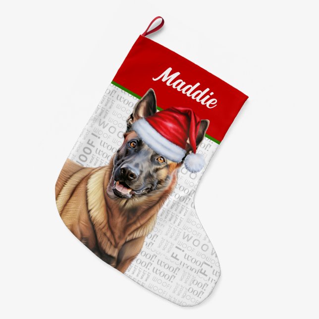 Meia De Natal Grande Malinois Belga de Natal com Nome de Cão (Frente (Pendurada))