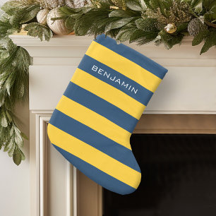 Meia De Natal Grande Marinho Azul e Amarelo Râguebi - Riscas Nome Pers