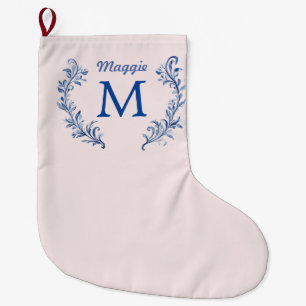 Meia De Natal Grande Marinho Azul Monograma Crest Em Cor-De-Rosa Esbran