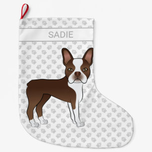 Meia De Natal Grande Marrom Boston Terrier Cartoon Dog & Custom Name