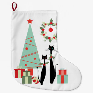 Meia De Natal Grande Meio século Moderno Legal Par de Gato e Árvore d