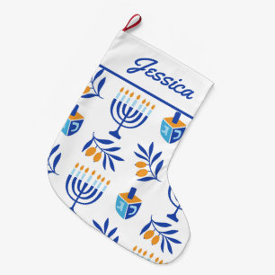Meia De Natal Grande Menorah branca e azul e Dreidel Hanukkah Stocks