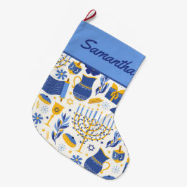 Meia De Natal Grande Menorah e Dreidel Blue Hanukkah Stocks