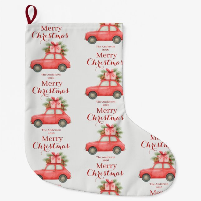 Meia De Natal Grande Merry Christmas Red Car – Personalized Holiday (Frente)
