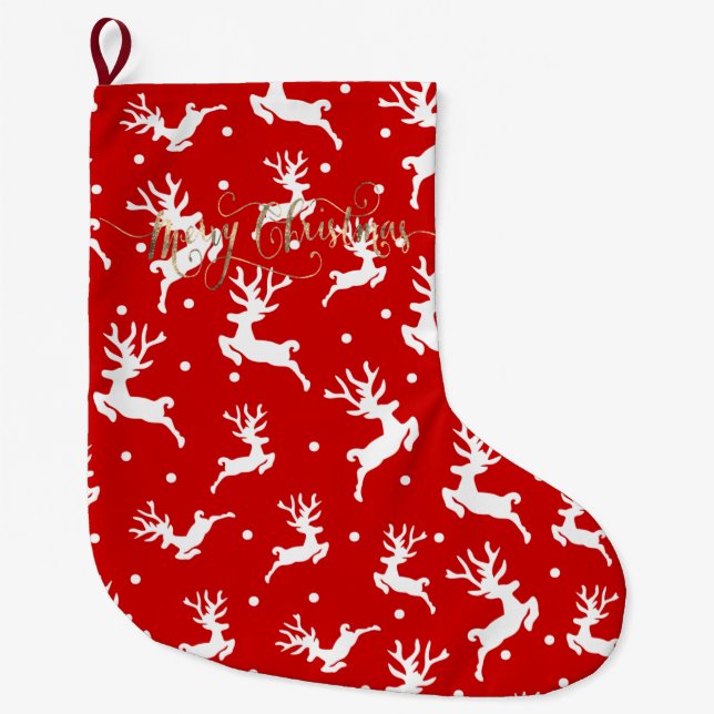 Meia De Natal Grande Merry Christmas Reindeers Red (Frente)