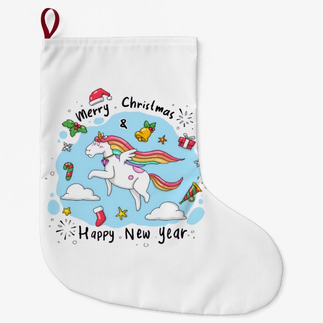 Meia De Natal Grande Merry Christmas Stocking, Unicorn (Frente)