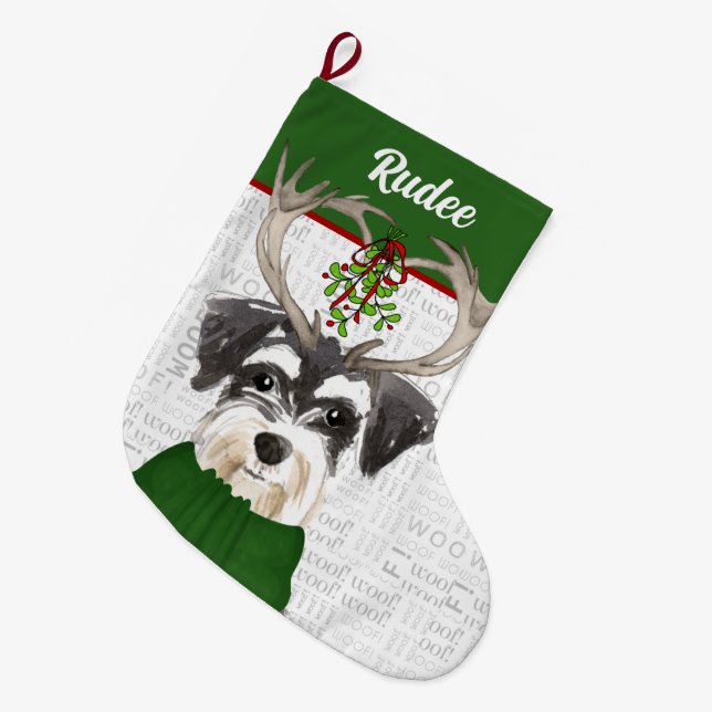 Meia De Natal Grande Miniatura de Natal Schnauzer com Nome de Cão (Frente (Pendurada))