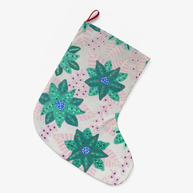 Meia De Natal Grande Mint Green Festivo Floral Impressão (Frente (Pendurada))