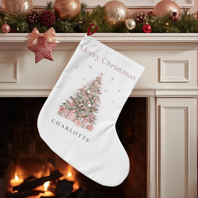Meia De Natal Grande Modern Blush Christmas Tree Personalized Stocking (Criador carregado)