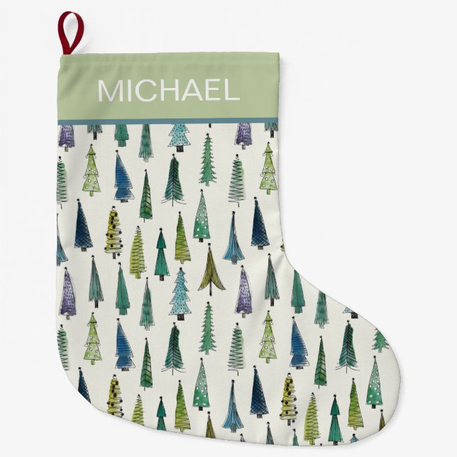 Meia De Natal Grande Modern Christmas Trees Pattern Personalised (Frente)