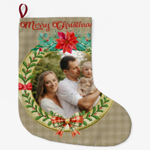 Meia De Natal Grande Moldura de Imagem Personalizada e Grinalda de Nata