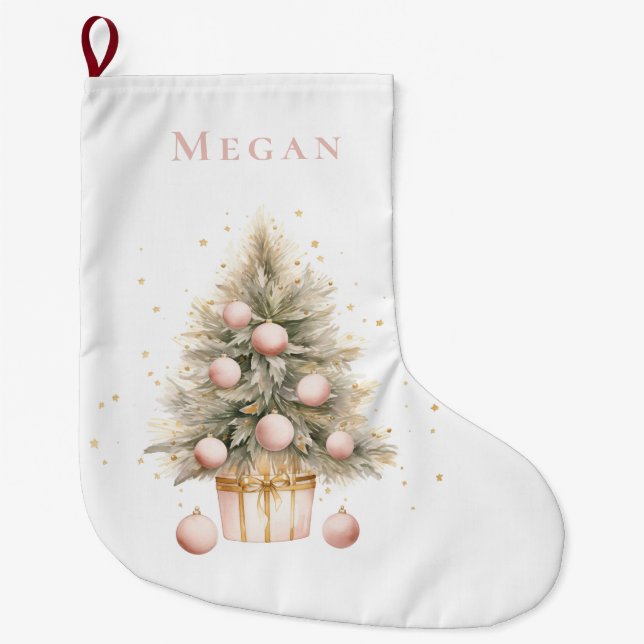 Meia De Natal Grande Molho de Água Rosa Elegante Árvore de Natal Feliz (Frente)