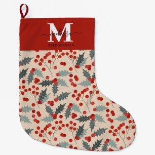 Meia De Natal Grande Monograma Botânico de Natal Moderno Holly Berry