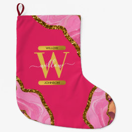 Meia De Natal Grande Monograma de Glitter de Geodo de Agato Rosa e Dour