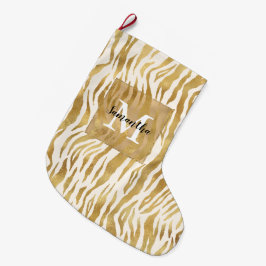 Meia De Natal Grande Monograma de Impressão de Zebra Dourada