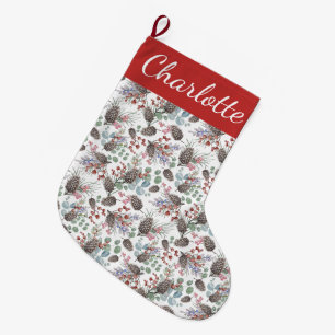 Meia De Natal Grande Monograma de Nome Aquarela de Frutas Vermelhas