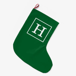 Meia De Natal Grande Monograma Inicial de Moldura Verde Floresta Branco
