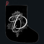 Meia De Natal Grande Monograma Personalizado Inicial<br><div class="desc">Ornamentado elegante,  sofisticado e romântico,  preto e branco,  design de gótico com um monograma inicial. Personalize com seu primeiro,  ou faça um presente de excelente</div>