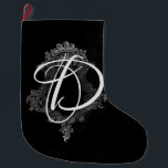 Meia De Natal Grande Monograma Personalizado Inicial<br><div class="desc">Ornamentado elegante,  sofisticado e romântico,  preto e branco,  design de gótico com um monograma inicial. Personalize com seu primeiro,  ou faça um presente de excelente</div>