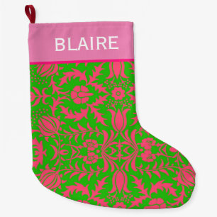 Meia De Natal Grande Monograma verde e cor-de-rosa com pré-disquete