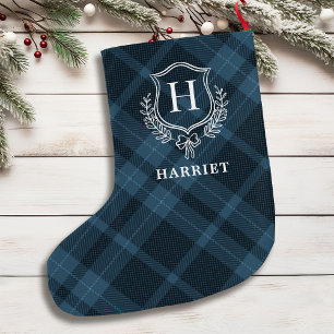 Meia De Natal Grande Monograma Xadrez Azul Tartan Inicial
