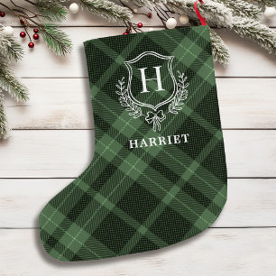 Meia De Natal Grande Monograma Xadrez Verde Tartan Inicial