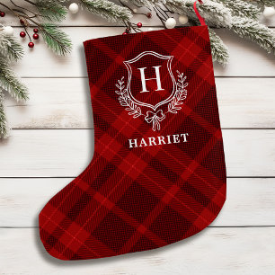 Meia De Natal Grande Monograma Xadrez Vermelha Tartan Inicial