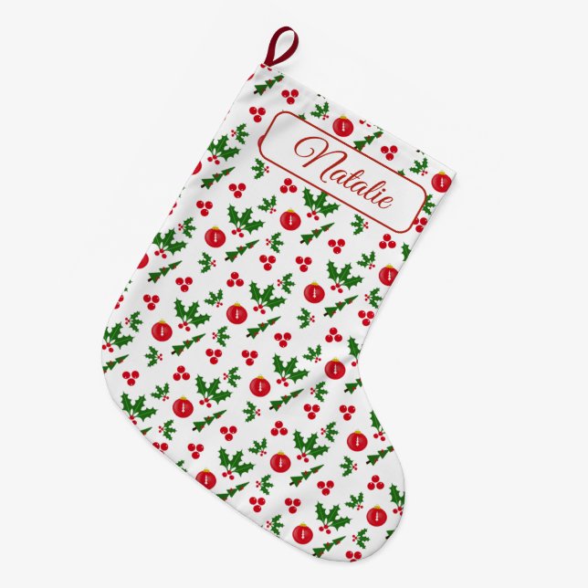 Meia De Natal Grande Motifs de feriado vermelho e verde em branco perso (Frente (Pendurada))
