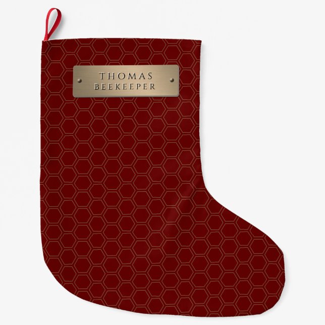 Meia De Natal Grande Nameplate Honeycomb Beekeeper Dourado (Frente)
