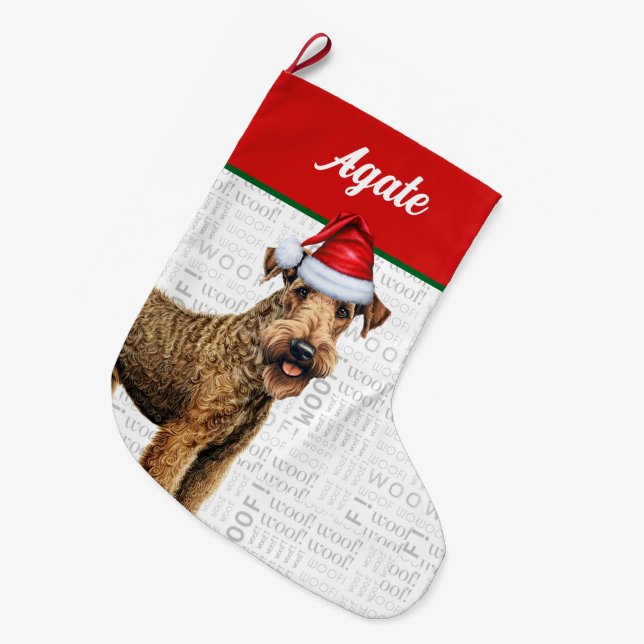 Meia De Natal Grande Natal Airedale Terrier Nome Woof Background (Frente (Pendurada))