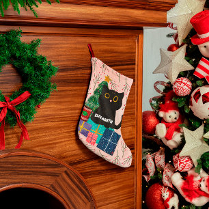 Meia De Natal Grande Natal Alegre Feliz Natal Gato Preto Fofo Café Rosa