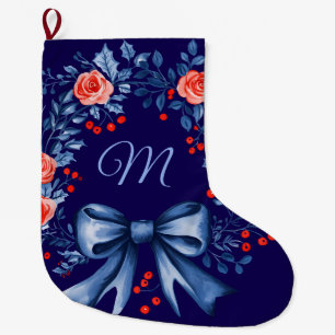 Meia De Natal Grande Natal da Rosa vermelha Azul do Monograma