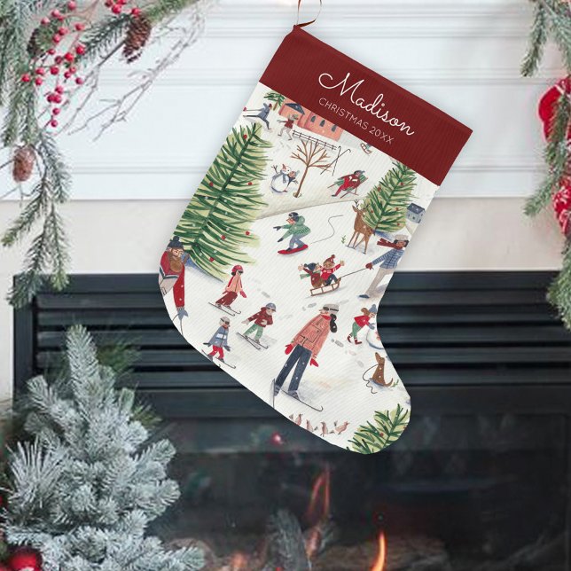 Meia De Natal Grande Natal da Vila Nórdica de Inverno Mínimo e Bonita (Cute Minimalistic Nordic Winter Village Christmas Large Christmas Stocking)