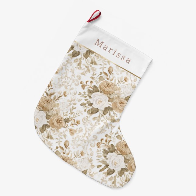 Meia De Natal Grande Natal Floral Branco Creme   (Frente (Pendurada))