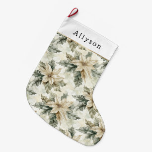 Meia De Natal Grande Natal Floral Poinsettia Verde Branco  