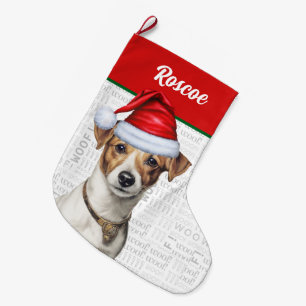 Meia De Natal Grande Natal Jack Russell com o nome Woof Background