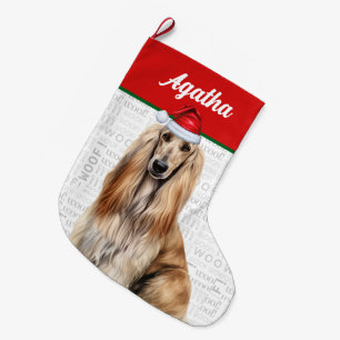 Meia De Natal Grande Nome de Cachorro Afghan Hound de Natal Fundo Woof