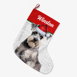Meia De Natal Grande Nome de Cachorro Schnauzer no Natal Fundo Woof